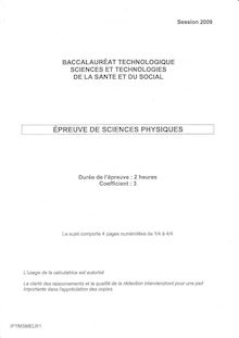 Sciences physiques et chimiques 2009 S.T.2.S (Sciences et technologies de la santé et du social) Baccalauréat technologique