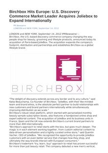 Birchbox Hits Europe:  U.S. Discovery Commerce Market Leader Acquires Joliebox to Expand Internationally