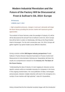 Modern Industrial Revolution and the Future of the Factory Will be Discussed at Frost & Sullivan s GIL 2014: Europe
