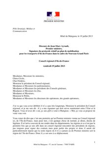Discours de Jean-Marc Ayrault, Premier ministre - Signature du protocole relatif au plan de mobilisation pour les transports d’Ile-de-France dans le cadre du Nouveau Grand Paris