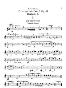 Partition clarinette 1, 2 (en B♭, C, A), Peer Gynt  No.2 Op.55, Grieg, Edvard