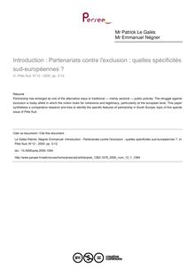 Introduction : Partenariats contre l exclusion : quelles spécificités sud-européennes ? - article ; n°1 ; vol.12, pg 3-12