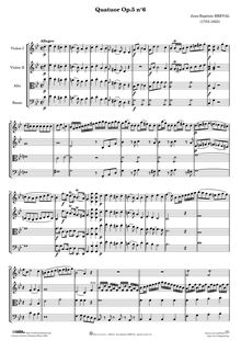 Partition quatuor No.6, 6 Quatuors, Concertantes et dialogues pour 2 Violons, Alto et Violoncel. La premiere partie peut se jouer sur la flûte