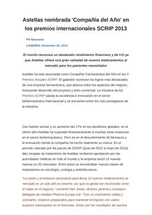 Astellas nombrada  Compañía del Año  en los premios internacionales SCRIP 2013