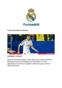 Real Madrid : entorse du ligament collatéral du genou droit pour Benzema