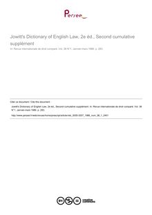 Jowitt s Dictionary of English Law, 2e éd., Second cumulative supplément - note biblio ; n°1 ; vol.38, pg 283-283
