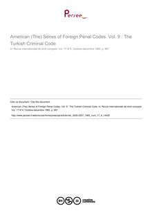 American (The) Séries of Foreign Pénal Codes. Vol. 9 : The Turkish Criminal Code - note biblio ; n°4 ; vol.17, pg 967-967