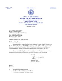 December 21, 2005 Letter to EPA transmitting the State of Nevada s Supplemental Comment on EPA s proposed
