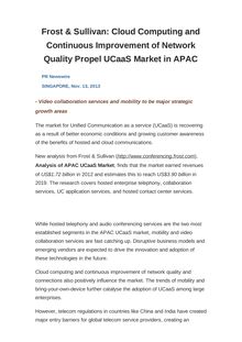 Frost & Sullivan: Cloud Computing and Continuous Improvement of Network Quality Propel UCaaS Market in APAC