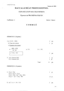 Corrige BACPRO TRANSPORTS Mathematiques 2001