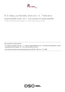 R. O. Dalcq, Les Novelles, Droit civil, t. V. : Traité de la responsabilité civile, vol. I : Les causes de responsabilité - note biblio ; n°2 ; vol.11, pg 451-452