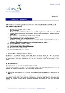 Informations sur les risques de transmission de la maladie de Creutzfeldt:Jakob par le sang et ses dérivés 22/10/2004   : Questions/réponses