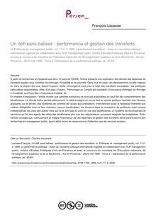 Un défi sans balises : performance et gestion des transferts - article ; n°3 ; vol.17, pg 43-69