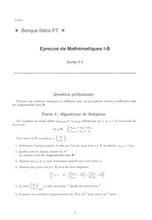 Mathématiques B 2001 Classe Prepa PT Banque Filière PT