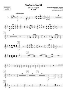 Partition trompettes  1, 2 (en B♭), Symphony No.34, C major, Mozart, Wolfgang Amadeus