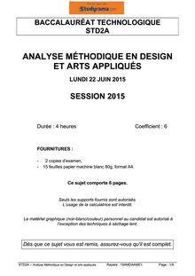 Sujet BAC STD2A 2015 Analyse méthodique en design et arts appliqués