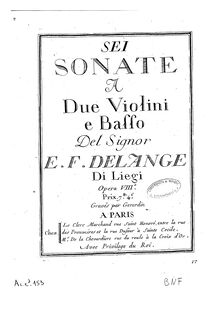 Partition Title page, Sei sonate a due violini e basso continuo
