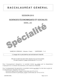 Sujet du bac serie ES 2013: Sciences économiques et sociales épreuve de spécialité-métropole