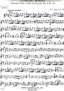 Partition violons I, Rondo, Concert Rondo ; Piano Concerto No.28, K.382 ; Allegetto grazioso