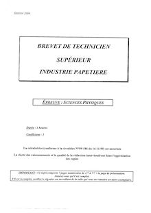 Sciences physiques 2004 BTS Industries papetières
