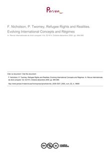 F. Nicholson, P. Twomey, Refugee Rights and Realities. Evolving International Concepts and Régimes - note biblio ; n°4 ; vol.52, pg 994-995
