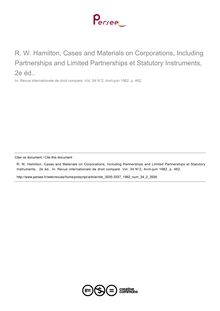 R. W. Hamilton, Cases and Materials on Corporations, Including Partnerships and Limited Partnerships et Statutory Instruments,  2e éd.. - note biblio ; n°2 ; vol.34, pg 462-462