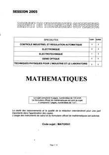 Mathématiques 2005 BTS Techniques physiques pour l industrie et le laboratoire