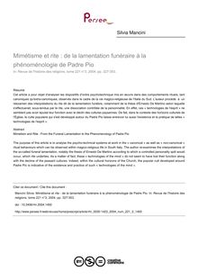 Mimétisme et rite : de la lamentation funéraire à la phénoménologie de Padre Pio - article ; n°3 ; vol.221, pg 327-353