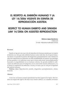 El Respeto al Embrión Humano y la Ley 14/2006 Vigente en España de Reproducción Asistida (Respect to Human Embryo and Spanish Law 14/2006 on Assisted Reproduction)