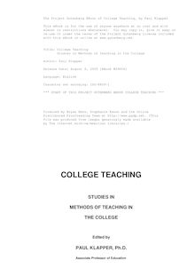 College Teaching - Studies in Methods of Teaching in the College