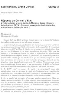 IUE 969A- Réponse du Conseil d’Etat à l interpellation urgente écrite  de Monsieur Serge Hiltpold