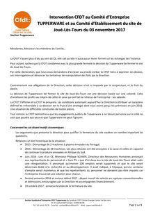Intervention CFDT au Comité d’Entreprise TUPPERWARE et au Comité d’Etablissement du site de Joué-Lès-Tours du 03 novembre 2017