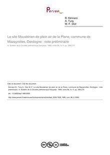 Le site Moustérien de plein air de la Plane, commune de Mazeyrolles, Dordogne : note préliminaire - article ; n°9 ; vol.86, pg 268-274