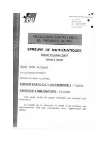 Mathématiques 2004 IEP Lille - Sciences Po Lille