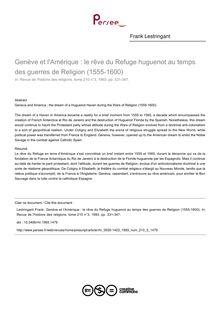 Genève et l Amérique : le rêve du Refuge huguenot au temps des guerres de Religion (1555-1600) - article ; n°3 ; vol.210, pg 331-347