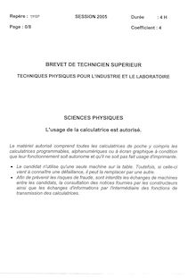 Sciences physiques 2005 BTS Techniques physiques pour l industrie et le laboratoire
