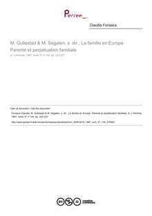 M. Gullestad & M. Segalen, s. dir., La famille en Europe. Parenté et perpétuation familiale  ; n°144 ; vol.37, pg 222-227