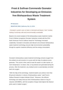 Frost & Sullivan Commends Ozonator Industries for Developing an Emission-free Biohazardous Waste Treatment System