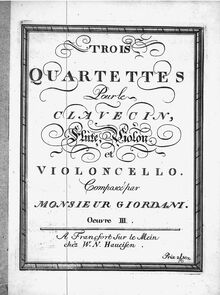 Partition violon 2, Trois Quartettes Pour le Clavecin, Flûte, Violon et violoncelle.