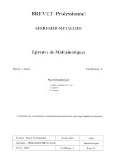 Mathématiques 2003 BP - Serrurerie-métallerie