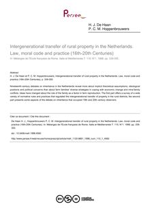 Intergenerational transfer of rural property in the Netherlands. Law, moral code and practice (16th-20th Centuries) - article ; n°1 ; vol.110, pg 339-355