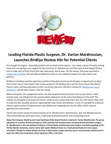 Leading Florida Plastic Surgeon, Dr. Vartan Mardirossian, Launches BirdEye Review Site for Potential Clients