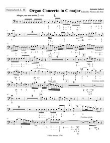 Partition clavecin, à gauche main, avec figures, orgue Concerto en C major