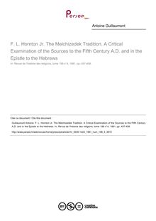 F. L. Hornton Jr. The Melchizedek Tradition. A Critical Examination of the Sources to the Fifth Century A.D. and in the Epistle to the Hebrews  ; n°4 ; vol.198, pg 457-458