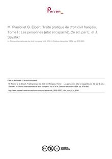 M. Planiol et G. Eipert, Traité pratique de droit civil français, Tome I : Les personnes {état et capacité), 2e éd. par E. et J. Savatikr - note biblio ; n°4 ; vol.6, pg 1238-880