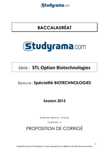 Corrigé BAC STL 2015 Biotechnologies