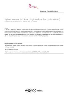 Hyène, monture de Lièvre (vingt versions d un conte africain) - article ; n°60 ; vol.15, pg 619-633