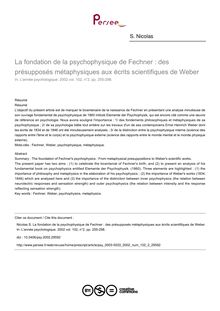 La fondation de la psychophysique de Fechner : des présupposés métaphysiques aux écrits scientifiques de Weber - article ; n°2 ; vol.102, pg 255-298