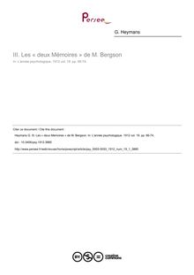 Les « deux Mémoires » de M. Bergson - article ; n°1 ; vol.19, pg 66-74