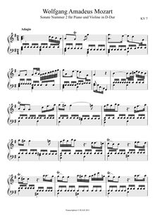Partition , Adagio, violon Sonata, Violin Sonata No.2, D major, Mozart, Wolfgang Amadeus